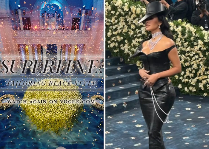 Left image shows a decorated event venue with gold confetti, right image features a woman in a black leather outfit and hat at Met Gala.