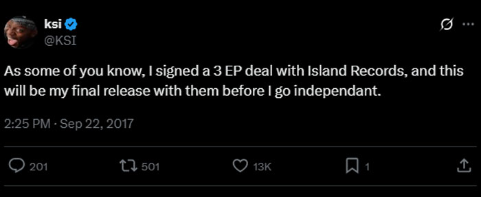 KSI&rsquo;s Twitter post announcing a 3 EP deal with Island Records before going independent, related to net worth growth.