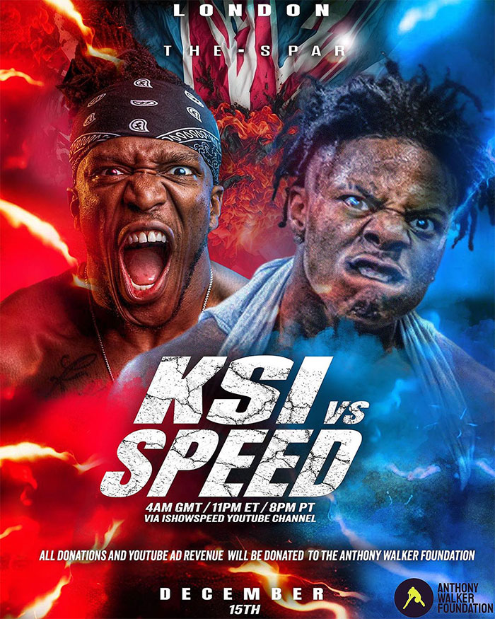 KSI and Speed in an intense face-off poster promoting a charitable boxing event with fire and blue smoke effects.