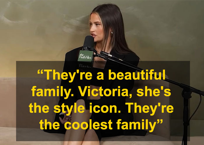 Brooklyn Beckham's ex speaking in a podcast studio, responding to Nicola Peltz's claims about toxic Beckham family dynamics.