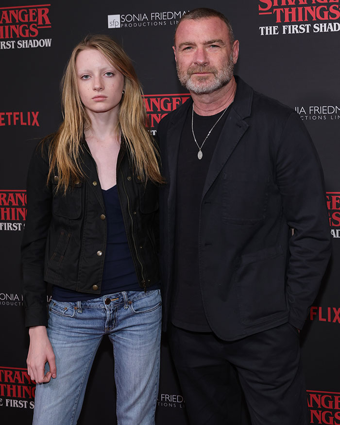 Liev Schreiber and teen daughter Kai posing at a Stranger Things event, highlighting transgender family support.