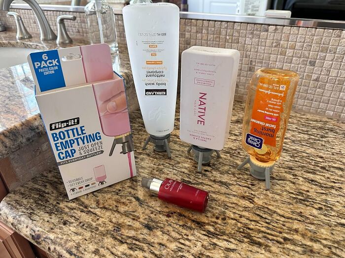 Bottle emptying caps on various toiletry bottles, practical items that fix everyday annoyances efficiently.