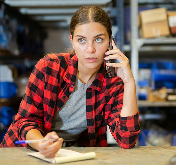 Young woman using the anonymity of the internet to share secrets while talking on phone and taking notes indoors.