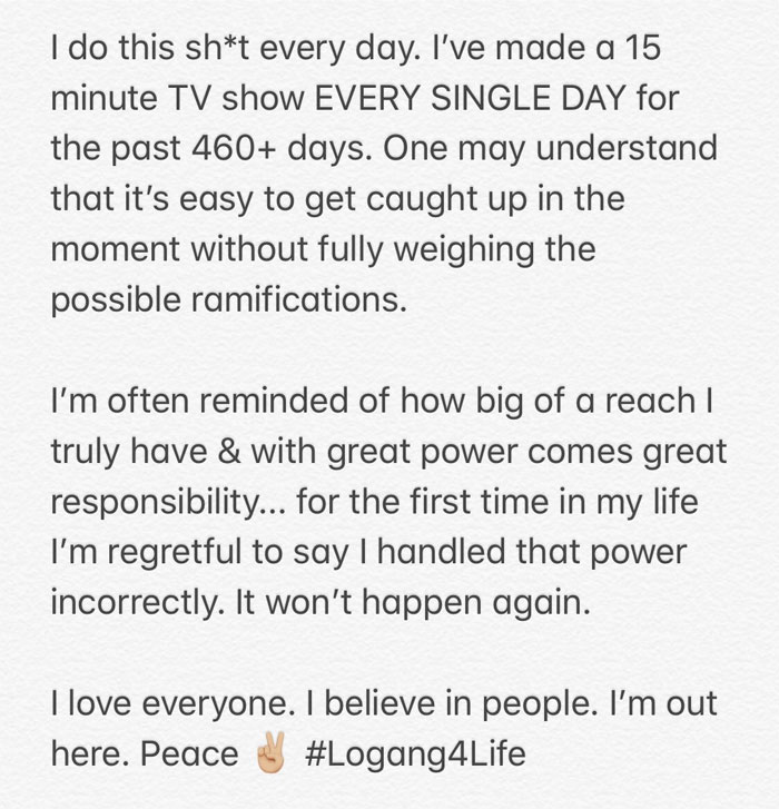 Text message from Logan Paul apologizing for past mistakes, reflecting on responsibility and influence, related to Logan Paul net worth.