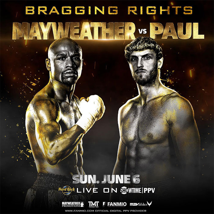 Floyd Mayweather and Logan Paul facing off in promotional image for their boxing match highlighting Logan Paul net worth keywords.