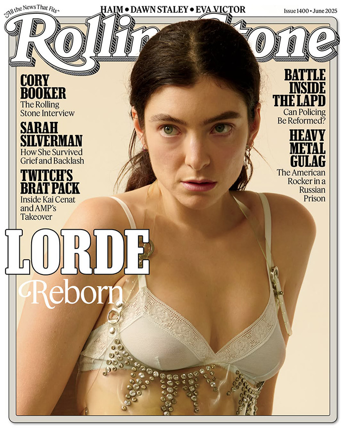 Lorde wearing a sheer embellished top in a close-up portrait for a Rolling Stone cover photo shoot.