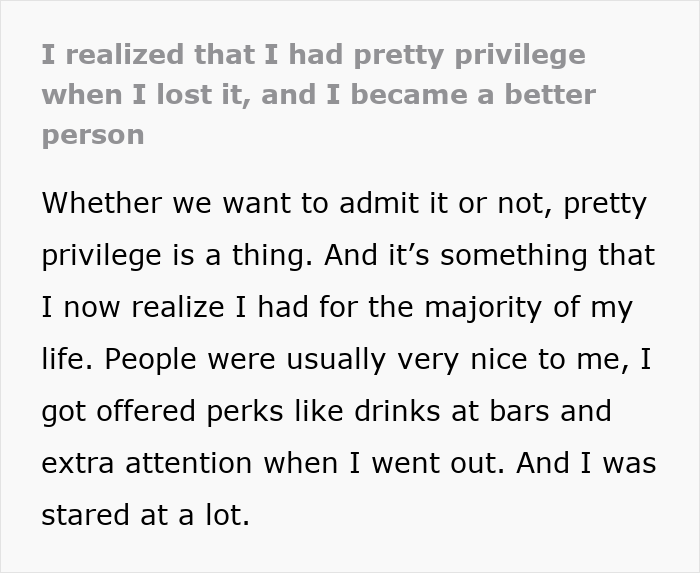 Text excerpt about a woman realizing she had pretty privilege, noting perks like drinks and extra attention before losing it.