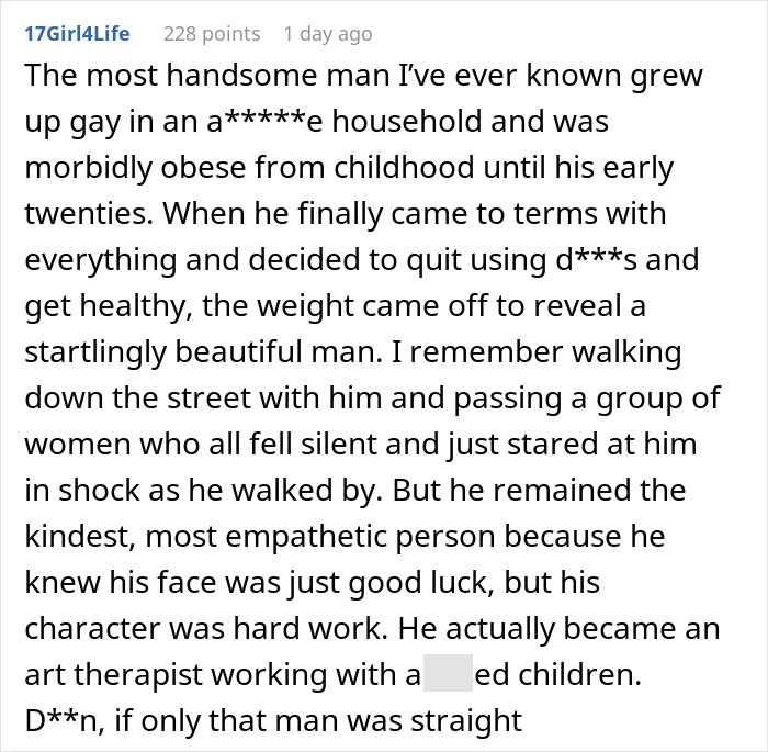 Text post describing a man&rsquo;s life transformation and impact after losing his pretty privilege and embracing hard work.