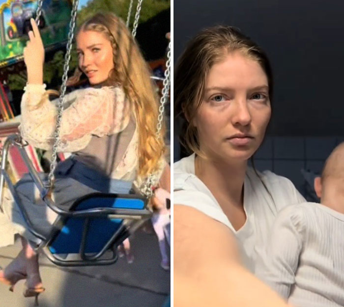 Before and after photos of a mom showing changes after giving birth and losing their spark in everyday life.