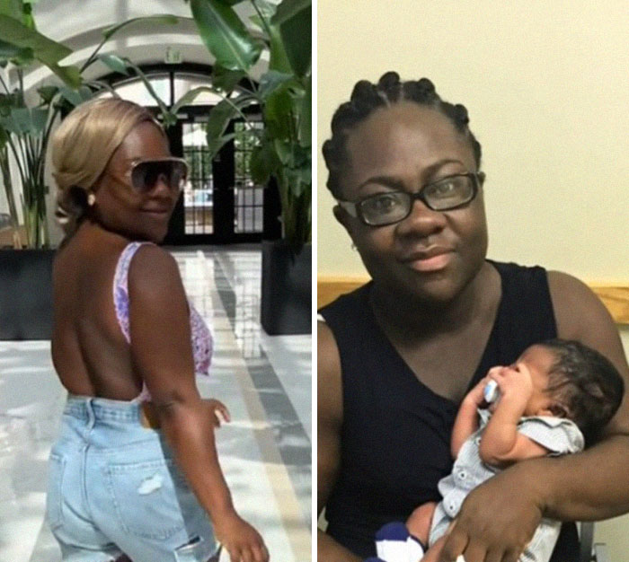 Before and after photos of moms showing changes in appearance and energy after giving birth and motherhood challenges.