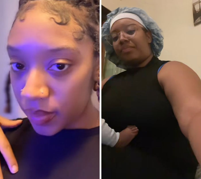 Side-by-side photos of a mom before and after giving birth, highlighting changes in appearance and energy levels.