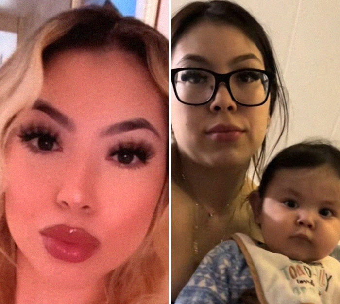 Before and after photos of moms showing changes after giving birth and losing their spark with a baby in the second photo.