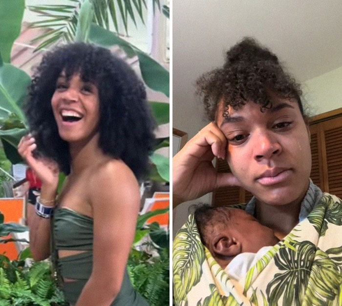 Side-by-side before and after photos of a mom showing changes after giving birth and losing her spark.