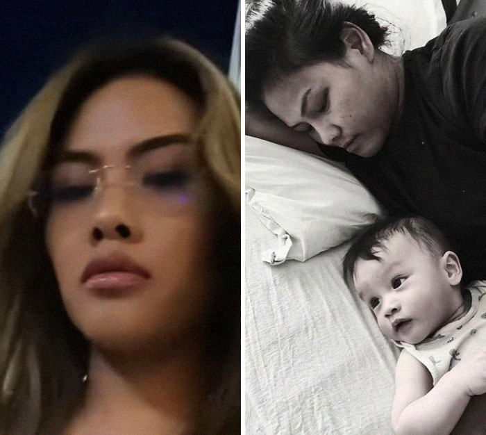 Before and after photos of a mom showing changes after giving birth and the emotional toll of motherhood.