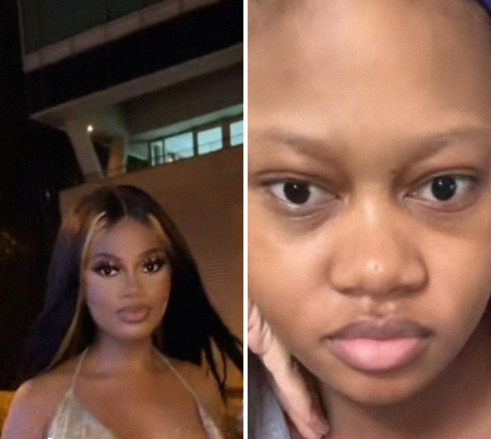 Before and after photos of a mom showing changes in appearance and expression after giving birth and losing their spark.