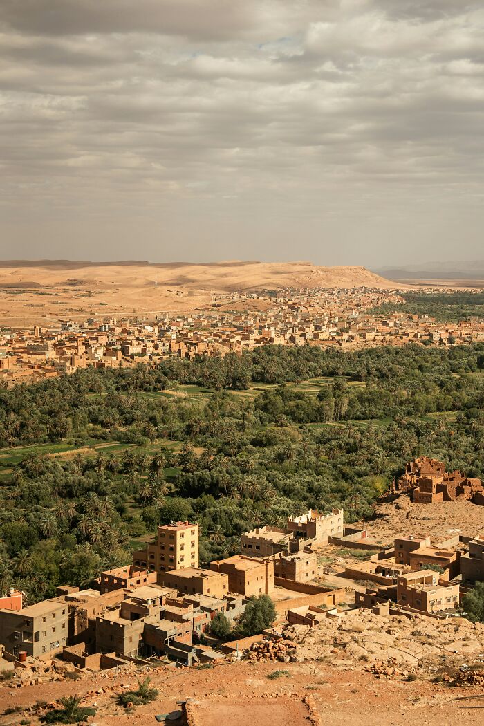 Desert town with scattered buildings and lush green oasis under cloudy sky, showing a major event not covered by media.