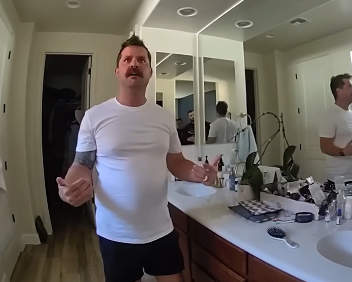 Man revealing details about marriage and the incident of leaving toddler in a hot car, standing in a bathroom. Man revealing details about marriage and the incident of leaving toddler in a hot car, standing in a bathroom.