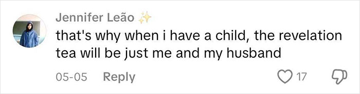 Comment on social media about a child&rsquo;s gender reveal celebration involving a man and his wife.