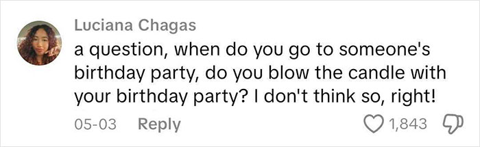 Comment by Luciana Chagas questioning birthday party candle blowing, generating engagement and debate about party etiquette.