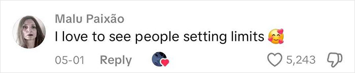 Comment on social media post expressing love for people setting limits, related to man pushing mom away during baby's gender reveal debate.