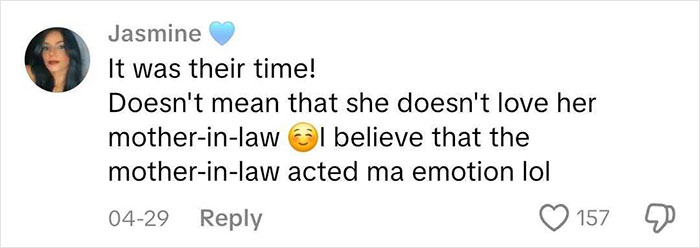 Comment from Jasmine about a man pushing mom away during baby gender reveal, sparking debate on mother-in-law emotions.