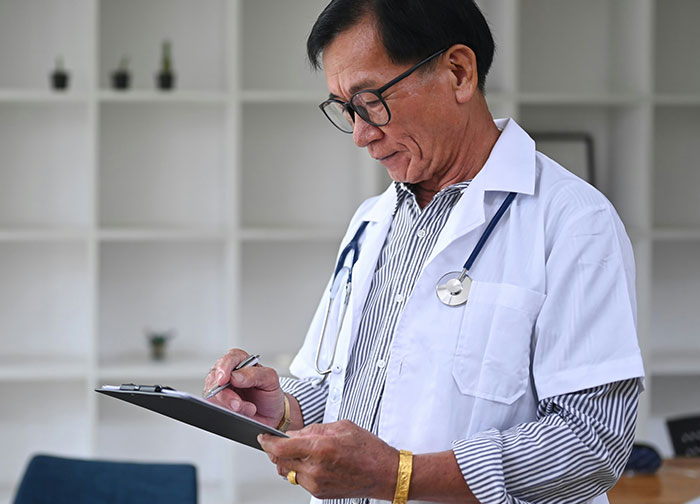 Doctor reviewing patient notes thoughtfully in clinic, highlighting hurtful things doctors said that made patients change doctors.