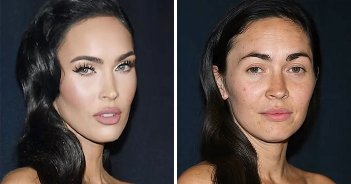 Side-by-side comparison of a Hollywood star with and without makeup, showcasing natural beauty revealed by a cosmetologist.