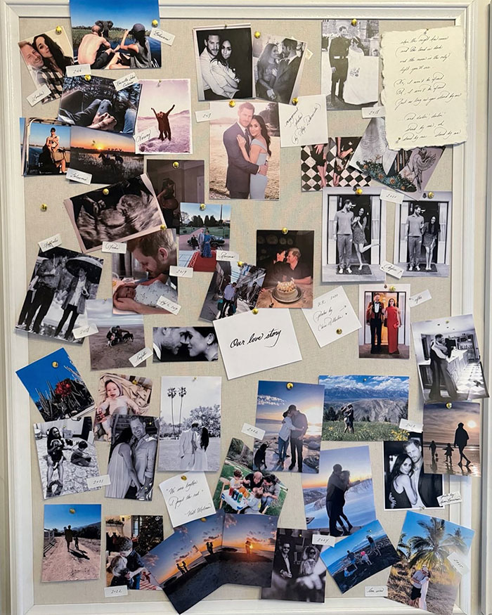 Photo collage of Meghan Markle and Prince Harry capturing moments from their relationship and family life pinned on a board.