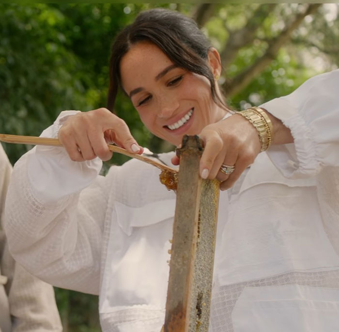 Meghan Markle smiling while beekeeping outdoors, showing honeycomb close-up in a natural green setting. Meghan Markle smiling while beekeeping outdoors, showing honeycomb close-up in a natural green setting.