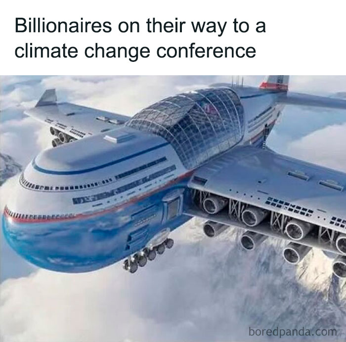 Billionaires flying in a massive futuristic airplane meme about climate change and vegan memes balancing on the brink.