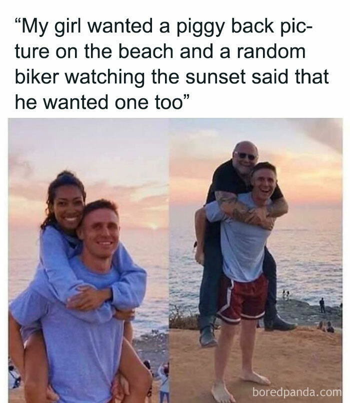 Couple and a random biker sharing piggyback rides on the beach at sunset in a wholesome meme moment.