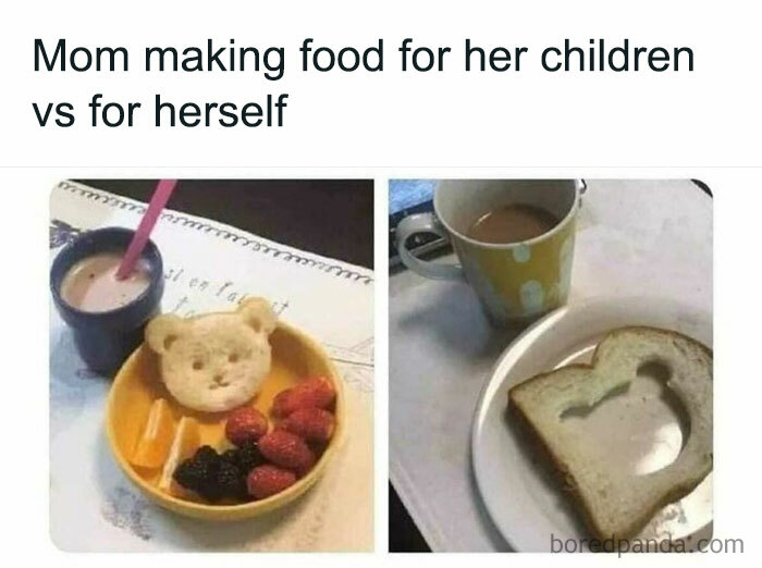 Alt text: Mom making food for her children with cute bear-shaped toast versus plain bread for herself in a wholesome meme.