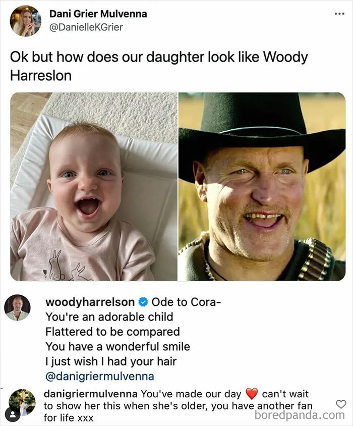 Baby smiling next to Woody Harrelson photo with wholesome comments showing unexpected wholesome memes.