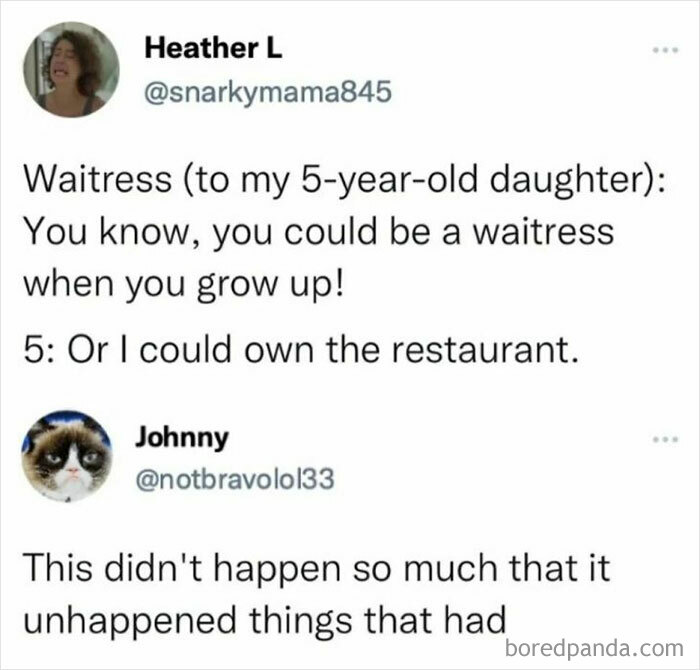 Screenshot of Twitter exchange with a funny obvious lie and a humorous confusing statement about things that unhappened.