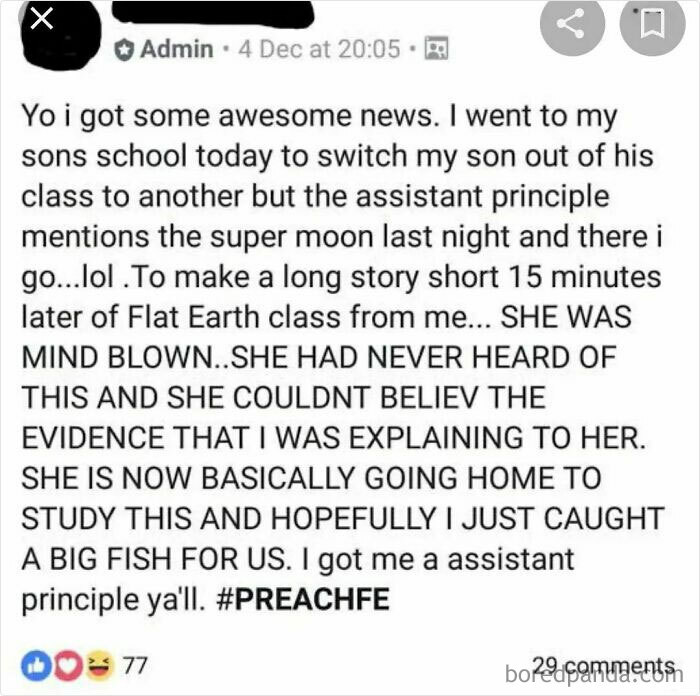 Screenshot of a social media post about obvious lies involving a Flat Earth theory discussion at school.