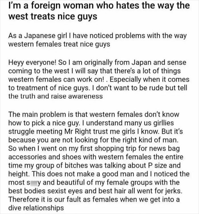 Text post about a foreign woman criticizing how western females treat nice guys, a hilariously obvious lie.