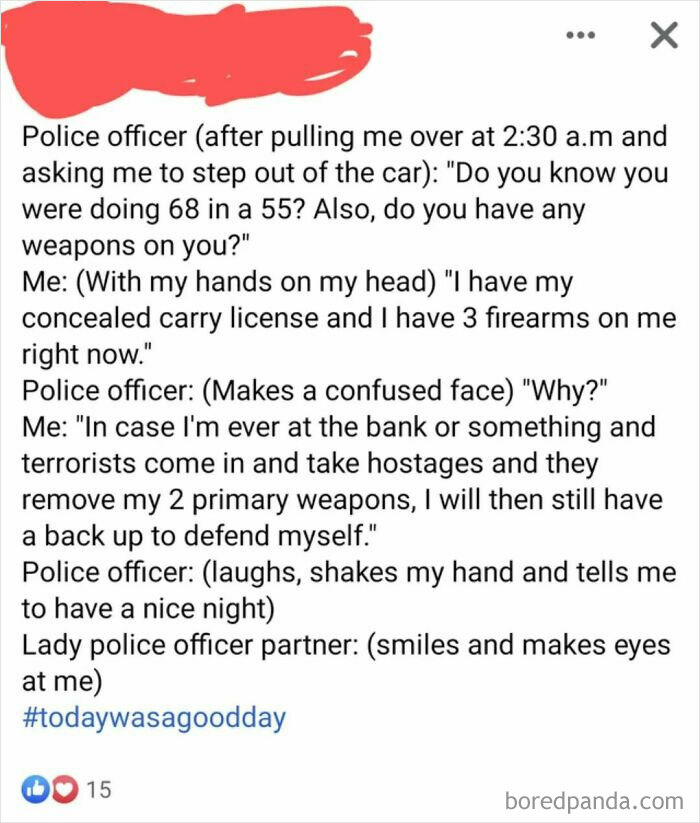Text conversation showing a humorous and obvious lie involving a police stop and multiple firearms claimed for self-defense.
