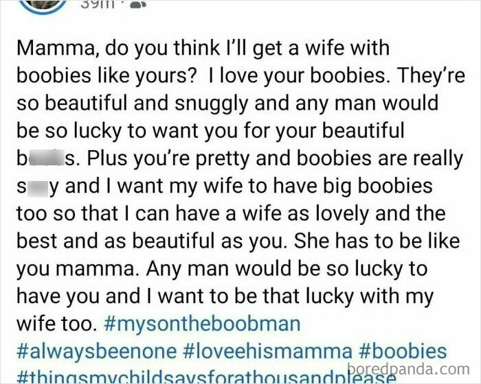 Screenshot of a hilariously obvious lie where a child praises their mother's b***s in an exaggerated message.