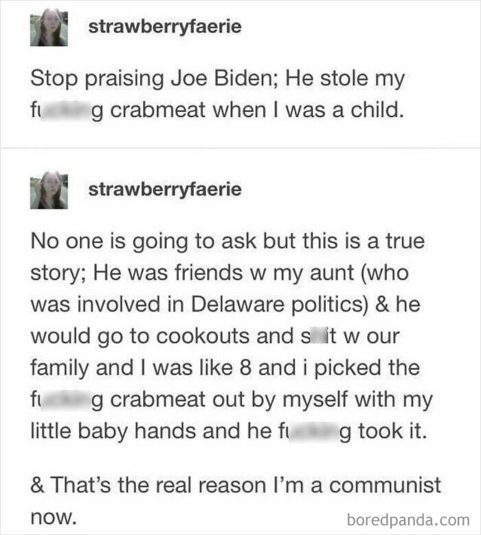 Social media post sharing a hilariously obvious lie about Joe Biden and stolen crabmeat from childhood.