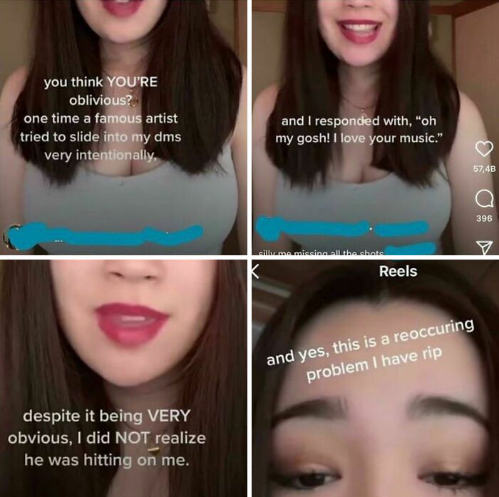 Woman sharing a humorous story about obvious lies and misunderstandings in a four-panel social media video reel.