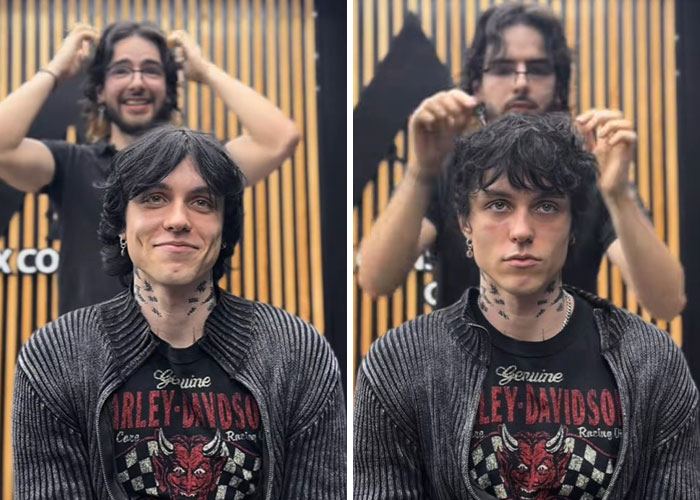 Before and after hair transformation of a young man with dark wavy hair by Romanian barber in a stylish barbershop.