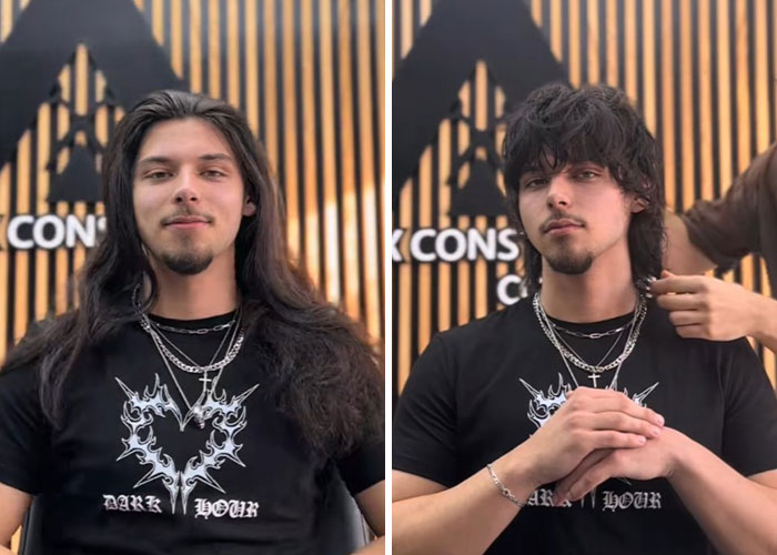 Before and after image showing an amazing hair transformation by a Romanian barber with a stylish shorter haircut.