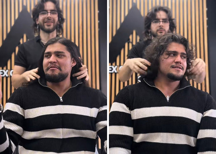 Romanian barber styling a client's hair before and after, showcasing amazing hair transformations in a modern salon setting.