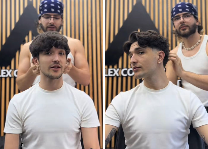 Before and after hair transformation by a Romanian barber showing a fresh, styled haircut on a young man.