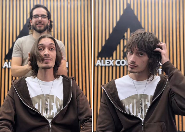 Before and after hair transformation by Romanian barber showing stylish medium-length haircut with textured layers.