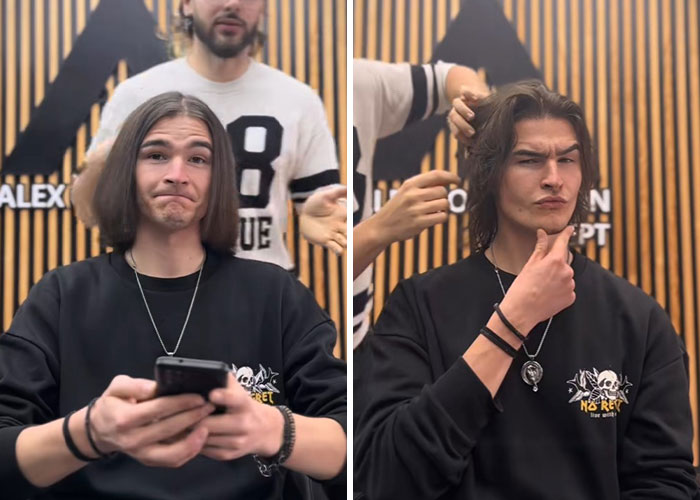 Young man with long hair before and during amazing hair transformations by a Romanian barber in a modern barbershop.