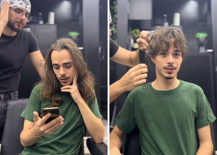 Side-by-side photos showing an amazing hair transformation by a Romanian barber on a young man with long to short hair.
