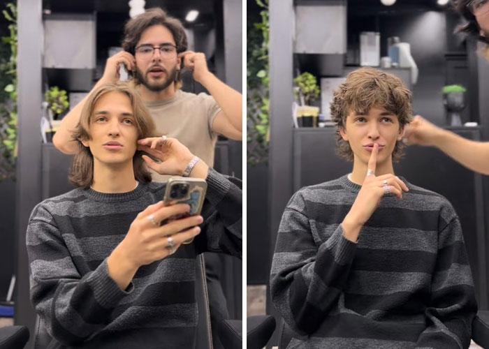 Before and after hair transformation by Romanian barber, featuring a stylish new haircut and confident expression.