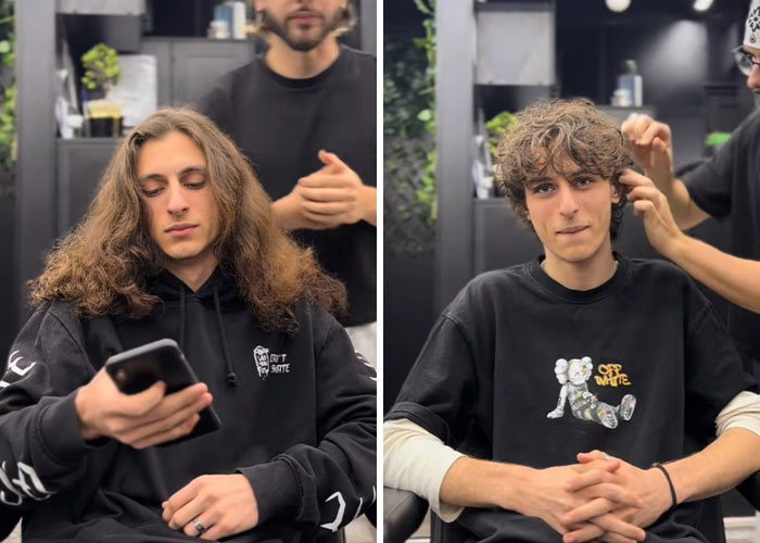 Before and after hair transformation of a young man with curly hair styled by a Romanian barber in a modern salon setting.