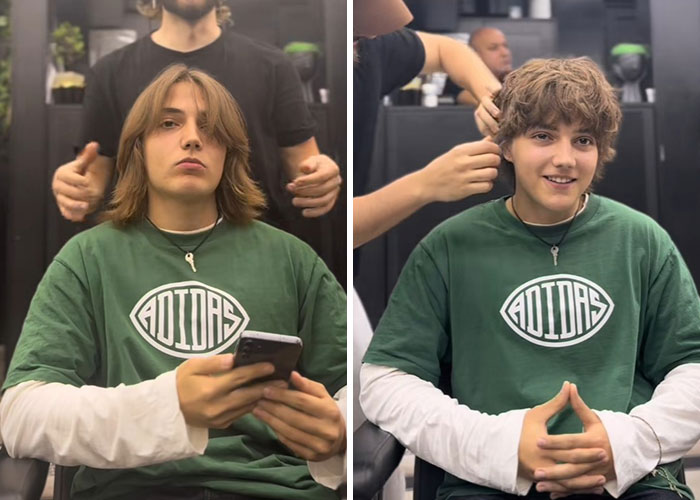 Before and after hair transformation of a young man sitting in a barber chair at a Romanian barbershop.